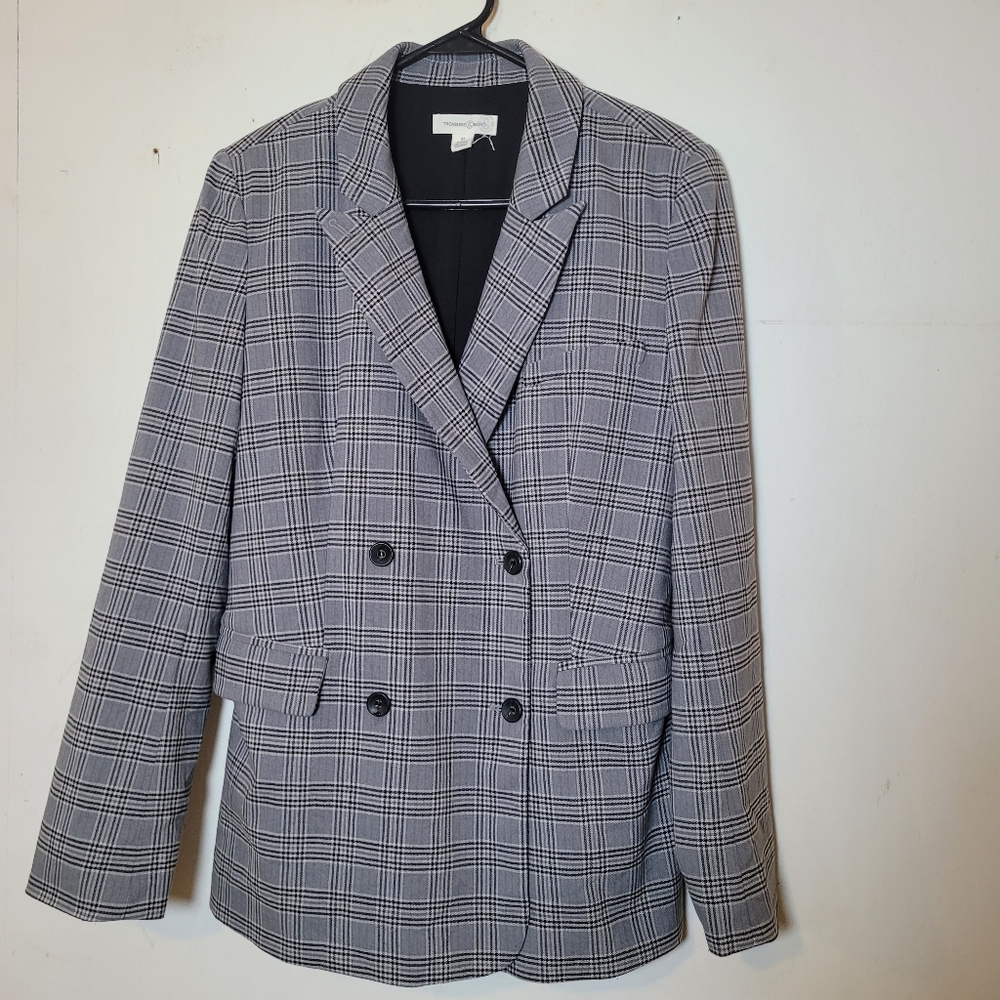 Treasure & Bond Gray And Black Plaid Double Breasted Blazer Size Medium